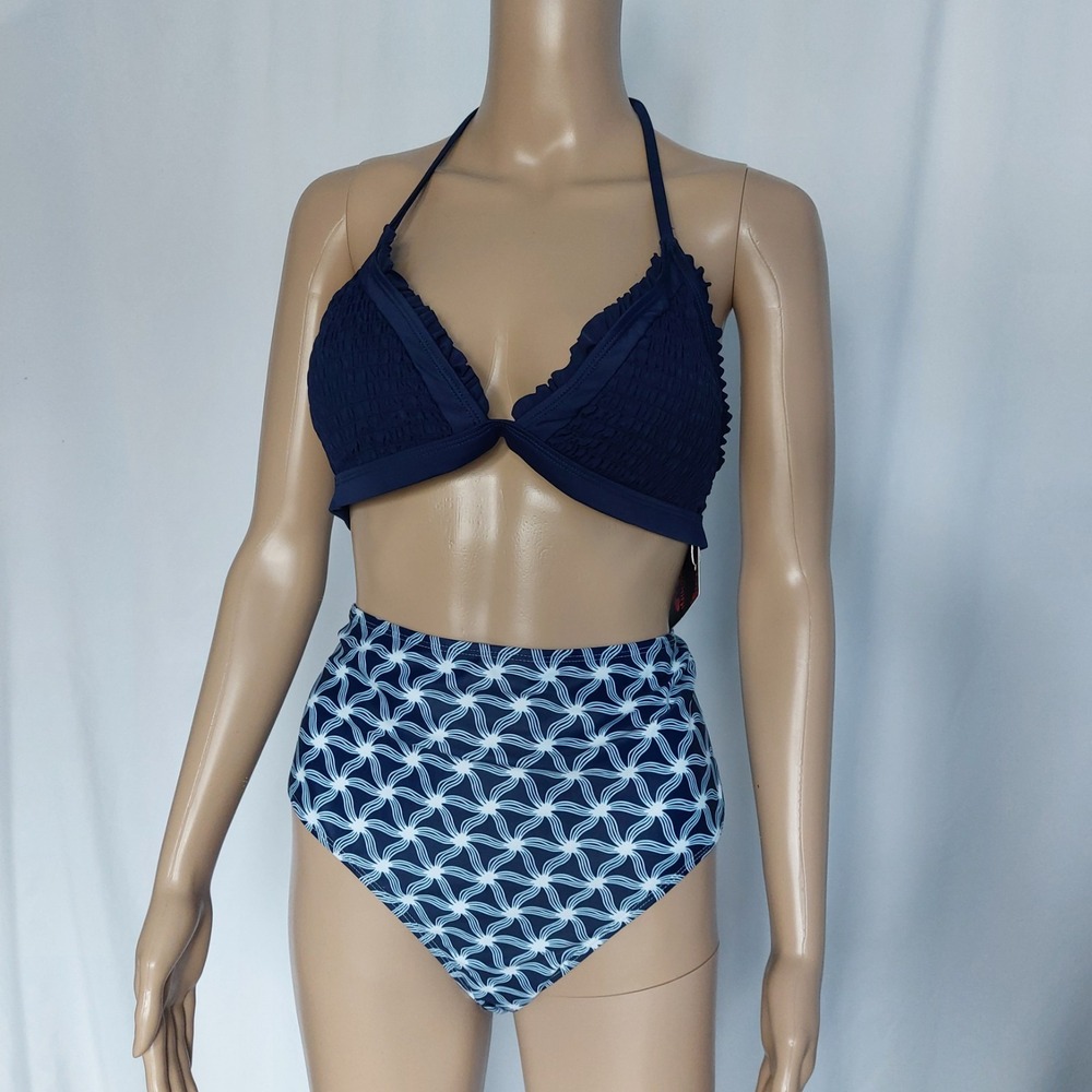 Chekini Womens Two Piece Navy Blue Smocked Halter Geometric‎ High Waited...